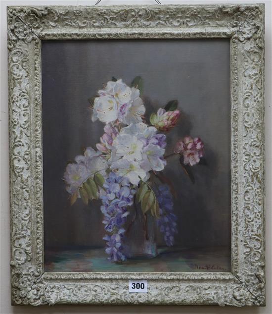 Norah Helen Cullen (1886-1969), oil on canvas, still life of jar with Wisteria and Spring Blooms, signed, 40.5cm x 33cm